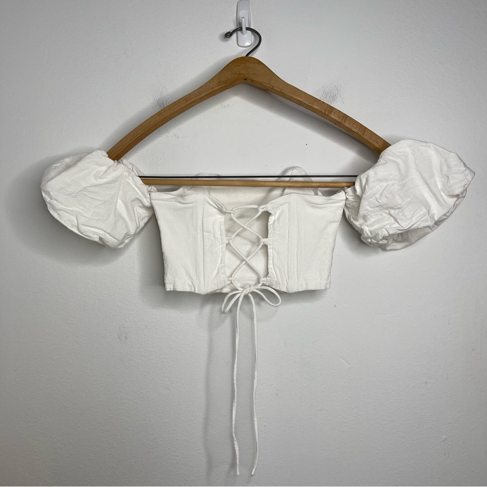 SEVEN Wonders Ivory Puff Sleeve Off Shoulder Cotton Tie Corset Crop Top Sz S - Picture 4 of 16